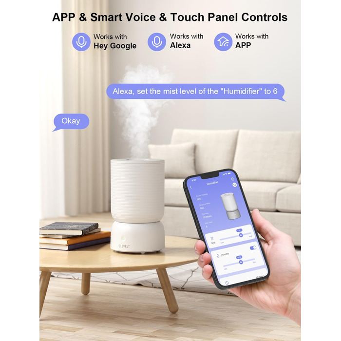 Зволожувач повітря CLEVAST Спальня, Тихий ультразвуковий зволожувач повітря з верхнім наповненням 3 л Cool Mist, Дитяча кімната з аромадифузором, контроль вологості, Wi-Fi Зволожувач повітря для Baby Classic