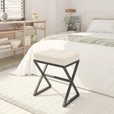 Пуф для макіяжу YMYNY, пуф-табуретка з льону, пуф для туалетного столика з металевими ніжками X-подібної форми, 40x30x46 см, бежевий (HBD033G)