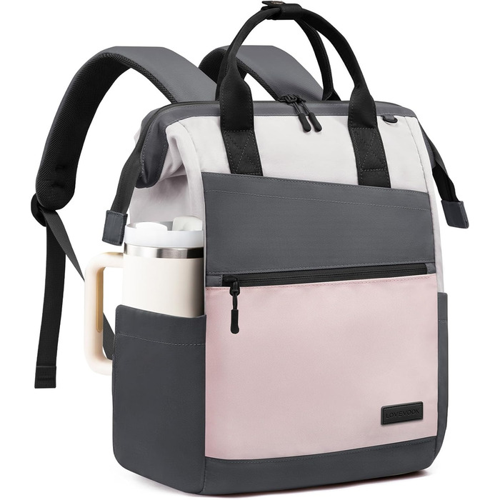 LOVEVOOK Рюкзак для жінок, 15.6 дюймів, рюкзак для школи, підліток, дівчина з великою кишенею для пляшки води, велика відкрита конструкція, сумка для роботи, шкільний рюкзак, рюкзак для подорожей, універсітету, школи (Сірий-рожевий, 15.6 дюймів)
