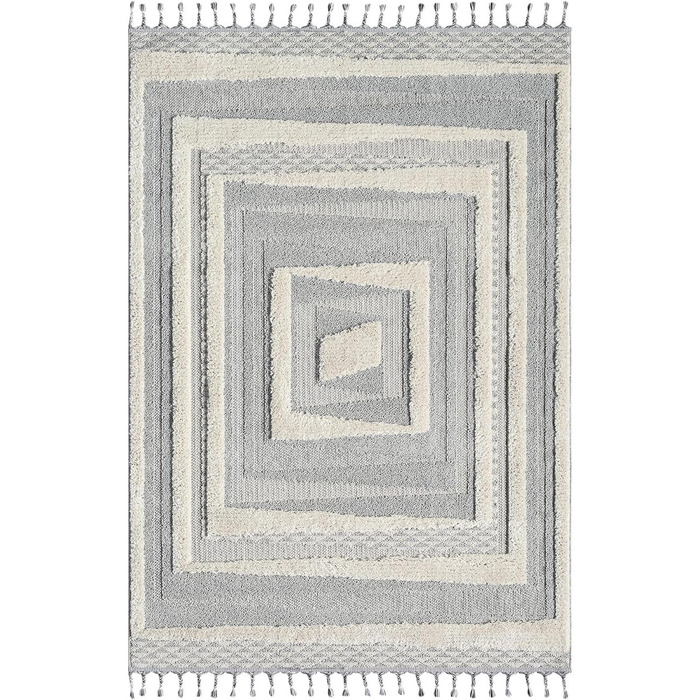 Килим City Boho Rug Cream 80x150 см - Орнаменти, Бордюр, 3D Ефект - Сучасні Бахроми (Сірий, 140x200 см)