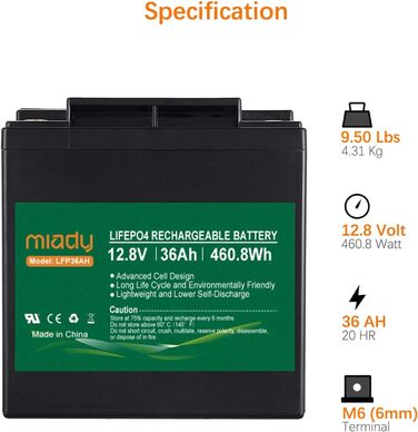 Акумулятор Miady 12V LiFePO4 із захистом BMS, 3000 циклів, для сонячної системи, ехолота, автофургону, човна (36 Ач)