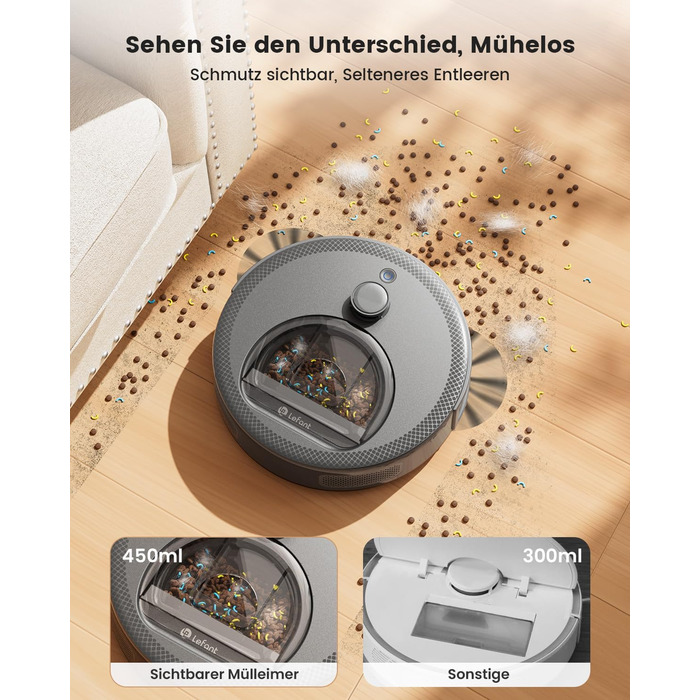 Робот-пилосос LEFANT M330 з функцією миття, 5000Pa, лазерна навігація, PSD-технологія, APP, 160 хв, для тварин, килимів, твердих підлог, сірий