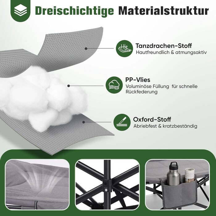 Складане кемпінгове ліжко Sekey з матрацом та бічною кишенею, 190 x 71 x 36 см, поширена шезлонг-ліжка для відпочинку на природі, в саду, на фестивалях та в подорожах