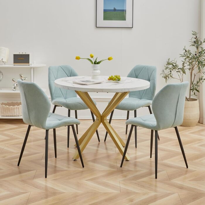 Набір обіднього столу GrandCA HOME з 4 стільцями, діаметр 100 см, для вітальні, кухні, їдальні, сірий та темно-сірий (мрамор + м'ятний)