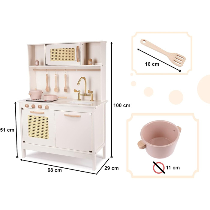 Дерев'яна дитяча кухня з мийкою, духовкою та витяжкою, з сосни та берези (Модель 2)