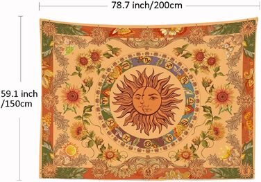 Сонце Мандала Квіти Місяць Природа Ретро - Гобелен - 200x150 см - Великий гобелен - Плакат - Охра Жовтий Оранжево-зелений
