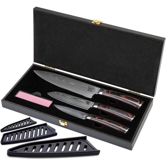 Набір кухонних ножів Дамаск 3 шт. (32, 24, 20 см) з каменем для заточування, дерев'яною ручкою, захистом леза та подарунковою коробкою. Перевірено TÜV, 62 HRC, сталь Дамаск з 67 шарів.