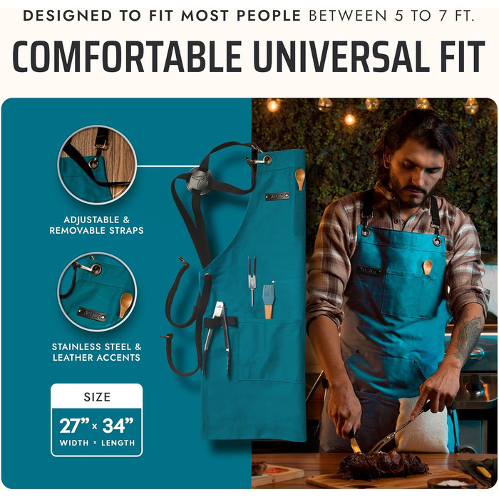 Фартух кухонний Asaya для жінок та чоловіків з рушником та відкривачем для пляшок – 284 мл, канва (синій / зелений)