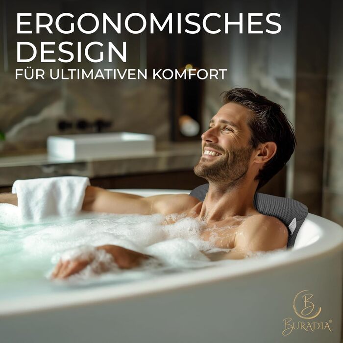 Подушка для ванни з сіткою для прання - Максимальний комфорт та розслаблення з новітньою технологією Air Mesh - Подушка для ванни з 4 міцними присосками - Підтримка шиї/голови (Сірий)