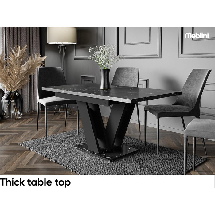 Обідній стіл Mebleini розсувний, сучасний, чорний глянцевий/білий глянцевий (120-160x80x75см, чорний мармур/чорний матовий)