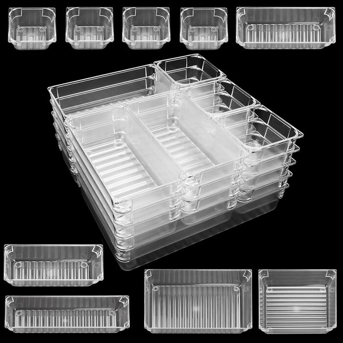 Система органайзерів для ящиків, прозора, 5 розмірів для макіяжу, офісу, ванної кімнати, кухні, 22 шт.