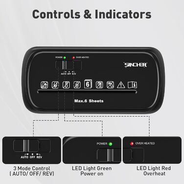Шредер SINCHEREU 6 листів, перехресний різання, рівень безпеки P4, з кошиком 11л, для документів, кредитних карт, CD, з захистом від перегріву, для дому та офісу