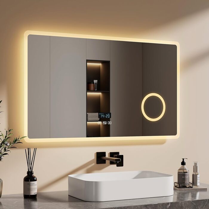 EMKE® LED дзеркало для ванної кімнати 80x60 см з підсвічуванням, регулюванням, антизапарюванням, 3 косметичні дзеркала, годинник, Bluetooth, IP44