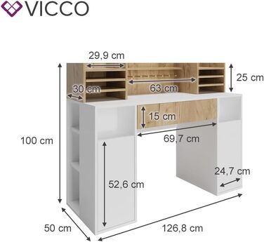 Стіл для рукоділля Vicco - письмовий стіл, 126,8 x 50 см XL з полицями (Білий/Сонома, 126,8x100x50 см)