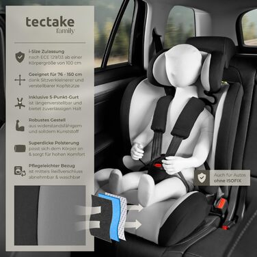 Автокрісло Tectake з 5-точковим ременем, i-Size, бічний захист, бустер для дітей 76-150 см (до 36 кг), світло-сірий/чорний