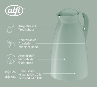 Термос Alfi ECO 1.0л з термоізоляційним скляним вкладишем, кришкою з поворотним механізмом та зручною кнопкою, для зручного наливання однією рукою, ідеальний для кави та чаю, BPA Free (М'ятно-зелений)