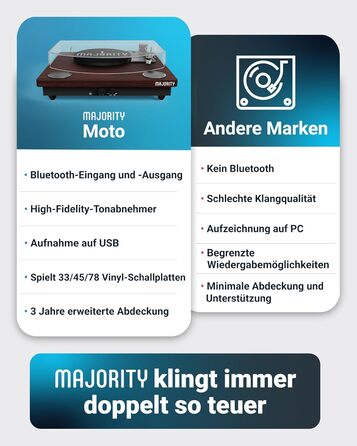 Вініловий програвач Majority Moto з Bluetooth, динаміком, USB-записом, касетою, адаптером 45 RPM та фетровим килимком