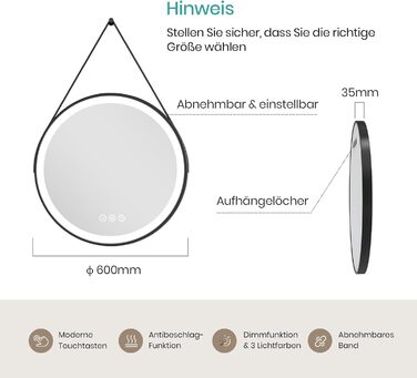 Дзеркало для ванної кімнати EMKE з підсвічуванням, діаметр 50 см, чорний каркас, регульована яскравість, 3 кольори світла, антизапар, сенсорне керування, функція пам'яті