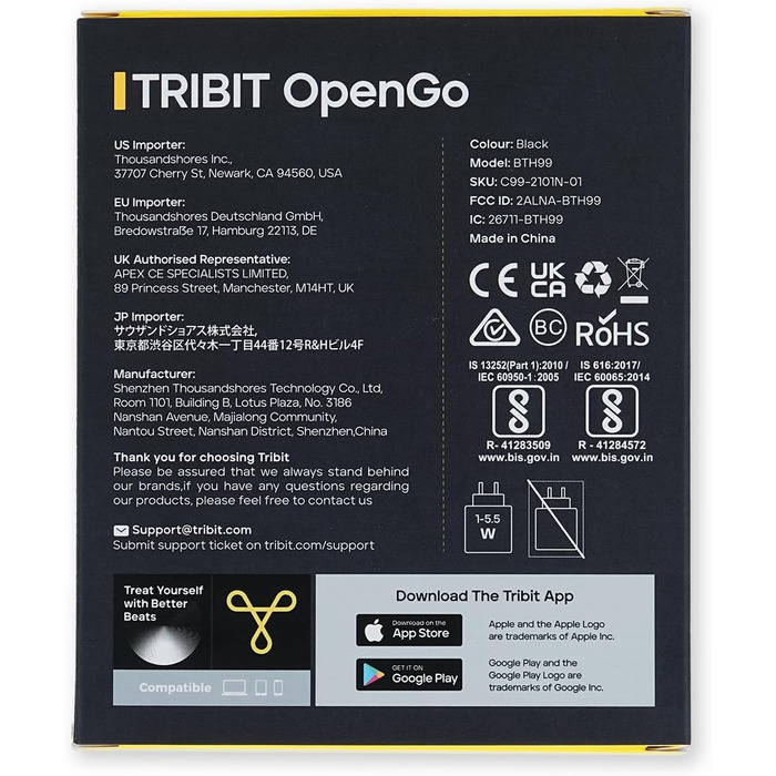 Спортивні навушники Tribit OpenGo з відкритим вухом Bluetooth 5.3, 104 години відтворення, IPX5, чорний