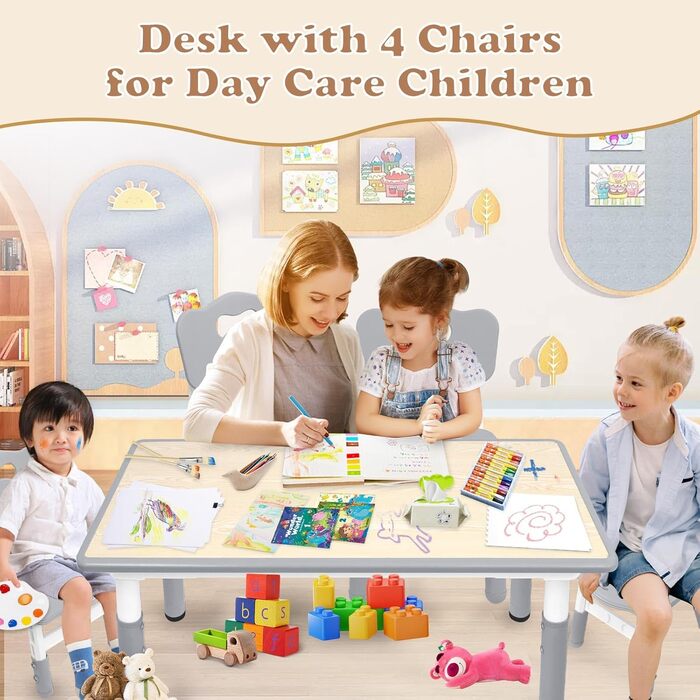 Дитячий стіл зі стільцями (2 шт) 80x60 см, регульована висота, сірий. Ідеально для дитячого садка, ігор, малювання та навчання. Легко миється. Підходить для дітей від 2 років.