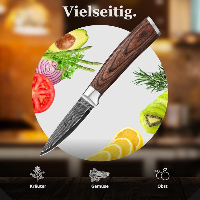 Ніж Wakoli EDIB офісний з дамаської сталі (серцевина VG10), 8,5 см - гострий та компактний. Підходить для кухні, фруктів та овочів. Дамаський ніж з ручкою з паккавуду в подарунковій коробці.