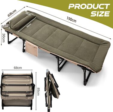 Розкладне кемпінгове ліжко XXL — Широка складана койка-розкладачка з регульованою спинкою для відпочинку, риболовлі та саду, зелена