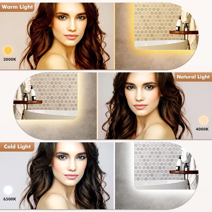 Дзеркало Bellanny LED з підсвічуванням 60 см | Настінне дзеркало для ванної кімнати, комодний дзеркало | Дзеркало для макіяжу з сенсорним вимикачем, 3 кольори світла, регульована яскравість, проти запотівання, IP44, горизонтальне/вертикальне (прямокутне -