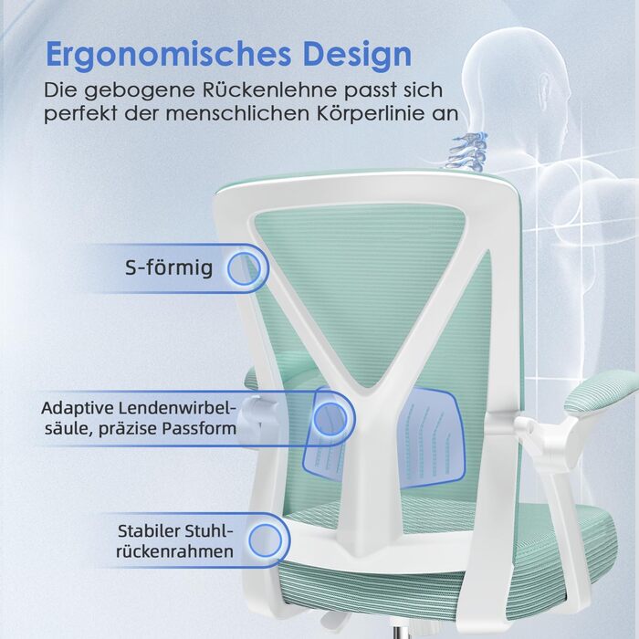 Офісне крісло Hinode з підйомними підлокітниками та функцією гойдання, 360° обертання, регульована висота, ергономічне крісло для дому та офісу з дихаючою сіткою, до 150 кг (Блакитно-зелений, Стиль 1)