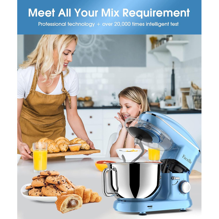 Кухонна машина Facelle 1500W з нержавіючою чашею 6.2L, 6 швидкостей, комплект насадок (блакитна)