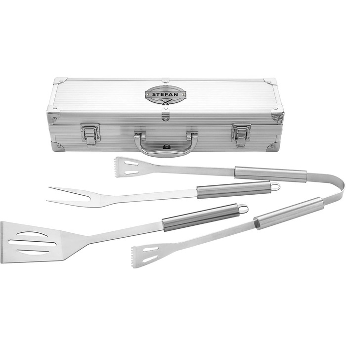Набір для гриля AMAVEL з гриль-посудом та гравіюванням, персоналізований з ім'ям, з лопаткою, виделкою та щипцями, з нержавіючої сталі, подарунок для чоловіків