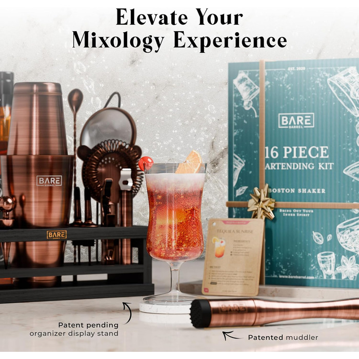 Набір бармена BARE BARREL® Mixology: 16 предметів для приготування коктейлів | Шейкер Boston, Мартіні, 35 рецептів | Преміум якість, мідь/чорний