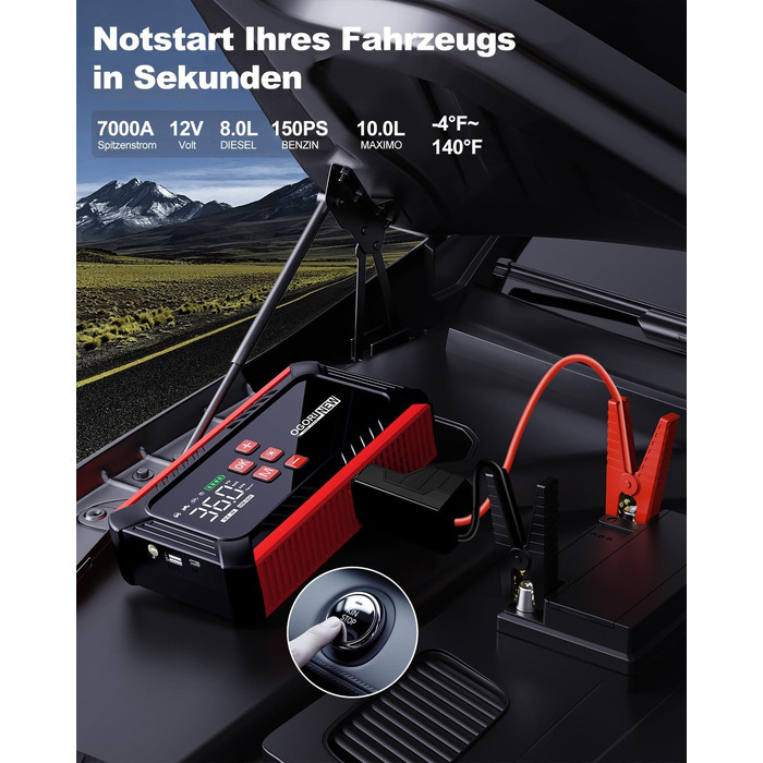 Powerbank для автомобіля з компресором 150 PSI, 7000A, 12V, 8L/10L (бензин/дизель), LED-ліхтарик