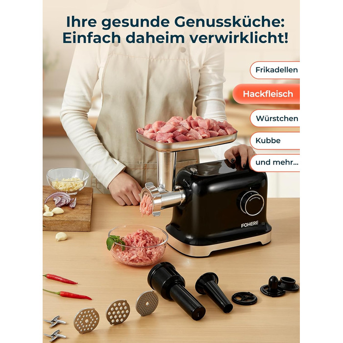 М'ясорубка електрична Fohere 2000 Вт з насадками для ковбас та кубів, 3 диски (3/5/7 мм), чорна