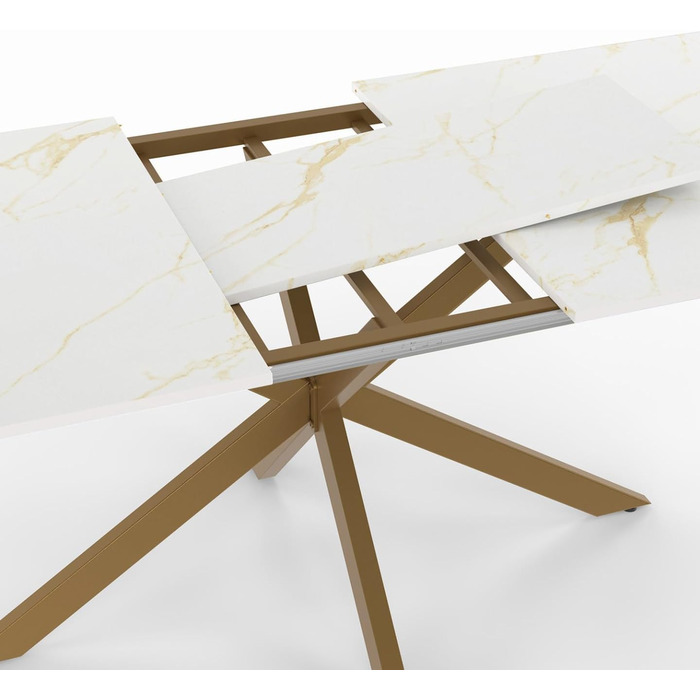 Розсувний обідній стіл Alix з мармуровим ефектом, 160-200 см, для 6-10 осіб, з ніжками-павуком, Металевий, Золотистий
