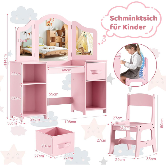 Дитячий туалетний столик MAMIZO 2 в 1 з дзеркалом та стільчиком, рожевий, з 2 висувними ящиками