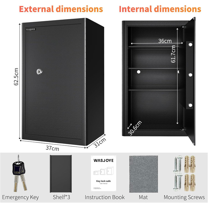 Safe Tresor з ключем WASJOYE: великий настінний сейф для грошей, ювелірних виробів, документів (45x35x31см, 67л)