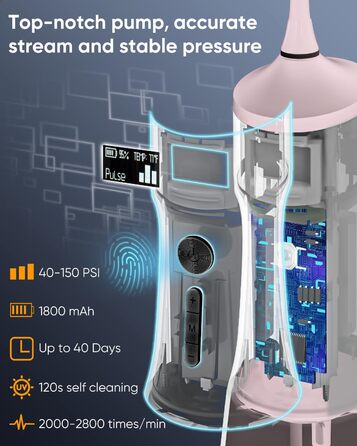 Портативна ірригатор MySmile LP221 UVC з бездротовим живленням, 335 мл, OLED-дисплей, 4 режими, 8 насадок, сумка для дому та подорожей (Соковитий Рожевий)