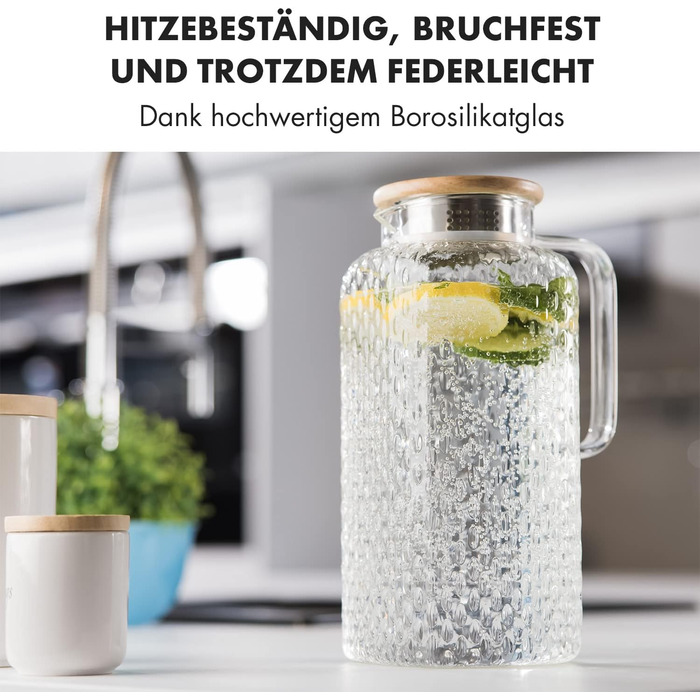 Скляна карафа з кришкою та фільтром 2 л - карафа для води з Borosilikat скла, Gluggle Jug