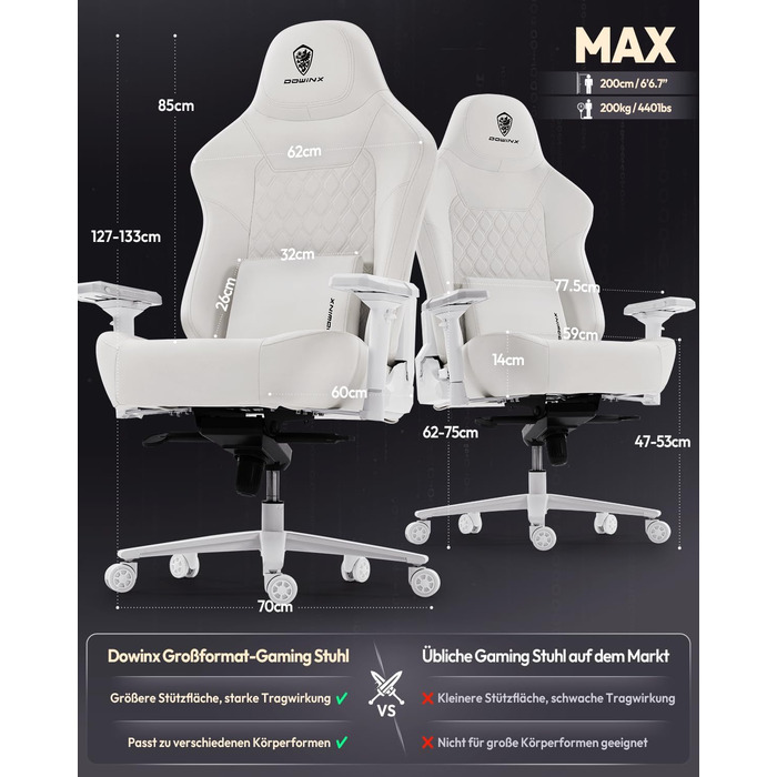 Ігровий крісло Dowinx для геймерів Esport, ергономічний офісний крісло з підлокітниками 4D та масажем попереку, витримує до 200 кг, регульована висота (білий)