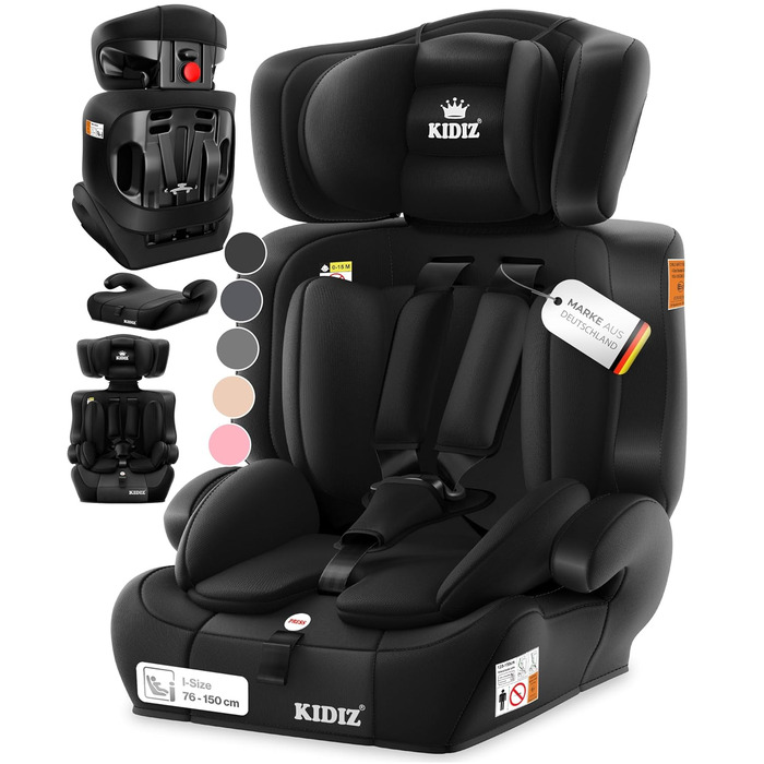 Автокрісло KIDIZ® для дітей 9-36 кг, групи 1+2+3, 5-точкові ремені безпеки, регульована підголовник, чорний колір
