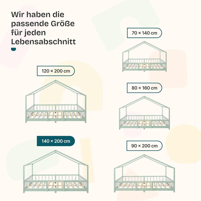 Дерев'яне ліжко для дітей Treviolo з захистом від падіння, Montessori, 140x200 см, сосна, колір дерева (м'ятний/білий)