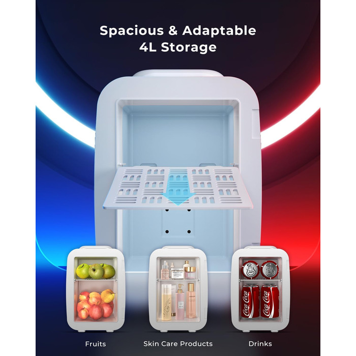 Міні-холодильник BEICHEN 4Л з RGB-підсвіткою, 2в1 (охолодження та підігрів) для напоїв, косметики та геймінгу, 220В/12В, білий