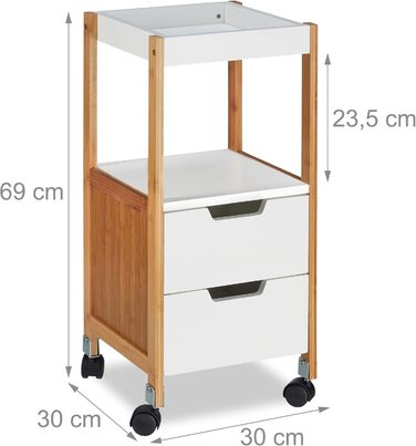 Столик-візок Relaxdays на колесах з шухлядами, білий (MDF, бамбук, 69x30x30 см)