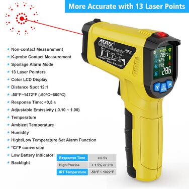 ІЧ-термометр MESTEK -50C 800C, безконтактний, кольоровий РК-дисплей, сигналізація, регульована випромінювальна здатність