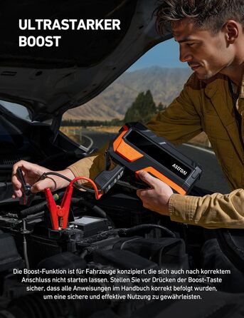 Powerbank AstroAI MF16 6000A з компресором 150PSI: старт для авто, мото, SUV (12V, 10L бензин/8L дизель), LED-дисплей, помаранчевий