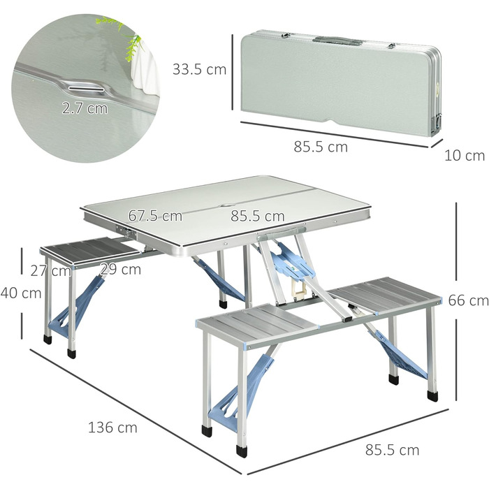 Кемпінговий стіл Розкладний стіл Стіл для пікніка Валіза для пікніка Група місць для сидіння Група розкладний стіл на 4 місця Сріблястий алюміній МДФ 136 x 85,5 x 66 см