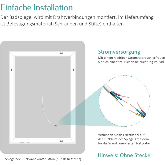 Дзеркало для ванної кімнати EMKE з підсвічуванням 40x60 см, антизапар, 2 кольори світла (тепле/холодне), вимикач-рейка, IP44, енергозберігаюче, захищене від вибуху