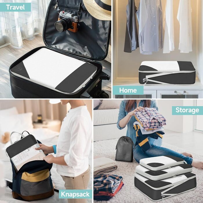 Набір компресійних органайзерів для подорожей Packwürfel, 10 предметів, чорні сумки-пакувальники для економії місця у валізі