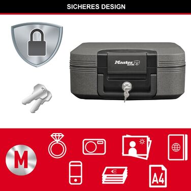 Сейф Master Lock вогнестійкий та водонепроникний з ключем, потрійний захист - від пожежі, води та крадіжок, 7.8L, 16.8 x 39.1 x 36.3 см