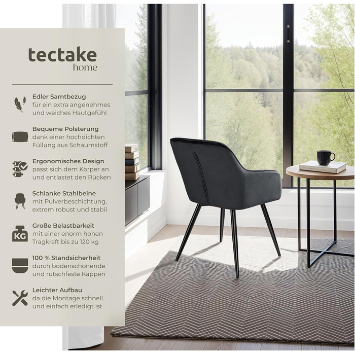 Тектейк® сучасний стілець для їдальні з підлокітниками, м'яке сидіння з велюру, крісло для вітальні, оббитий офісний стілець з чорними металевими ніжками, стілець для туалетного столика - коричневий/чорний (набір 2 шт., Чорний)